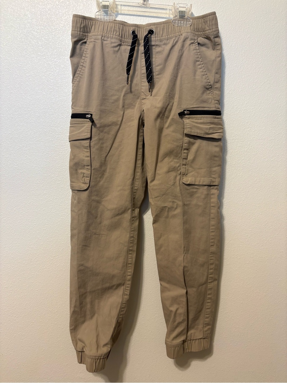 Boys Tan Cargo Jogger Pants with Drawstring Waist